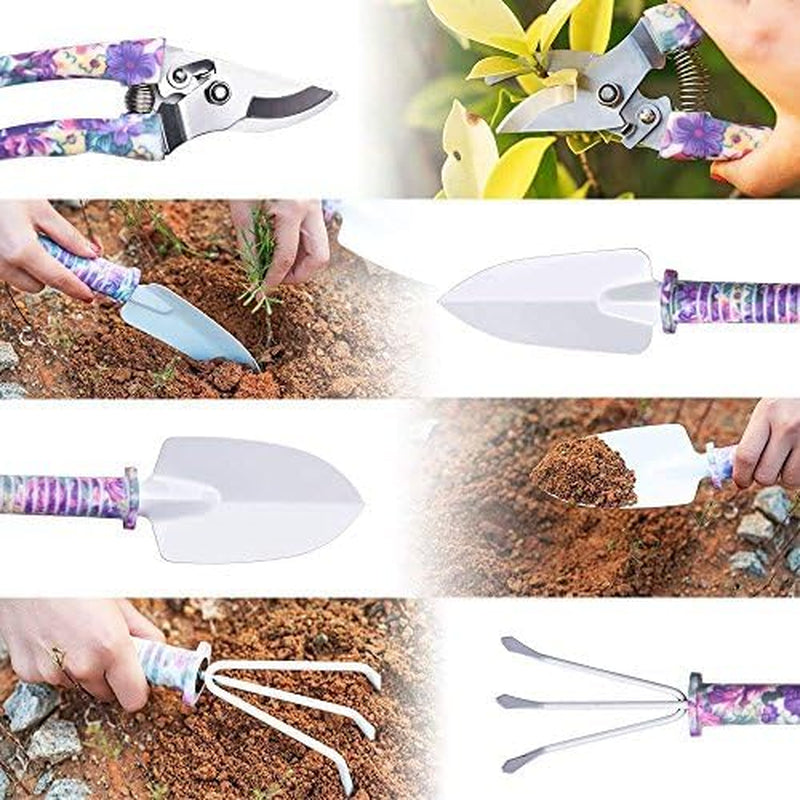 Gardening Tools Set, Unique Gardening Gifts for Women, Gardening Hand Tools with Purple Carrying Case, Gardening Kit for Home Gardening Flowers Potted Trim Loosing Planting Tools (5PCS)