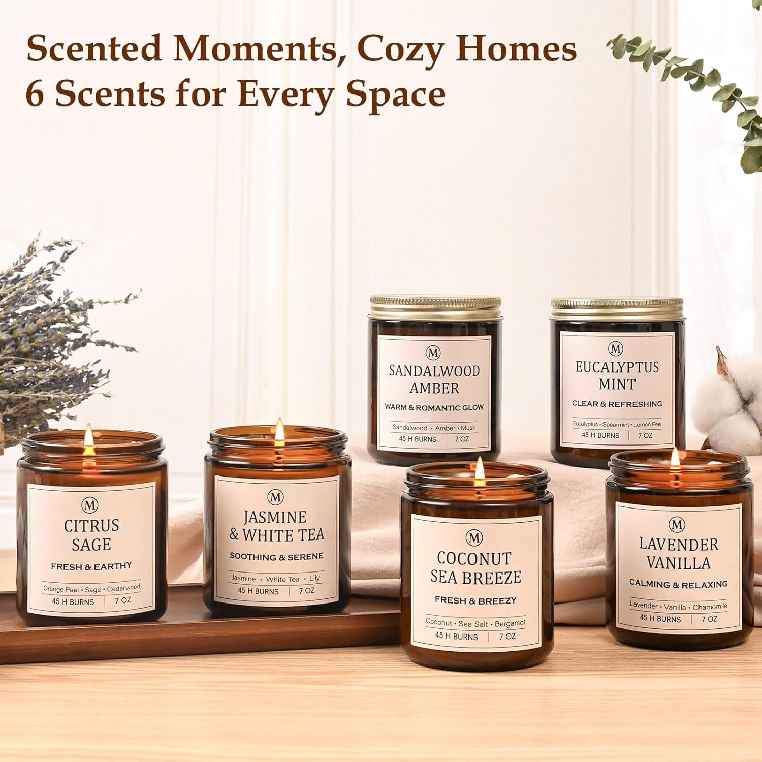 6-Pack Scented Soy Candle Set – Lavender Vanilla, Eucalyptus, Sandalwood, Jasmine & White Tea, Coconut, Sage | Natural Soy Wax Spring Summer Aromatherapy Candles for Home, Vacation, Relaxation & Spa